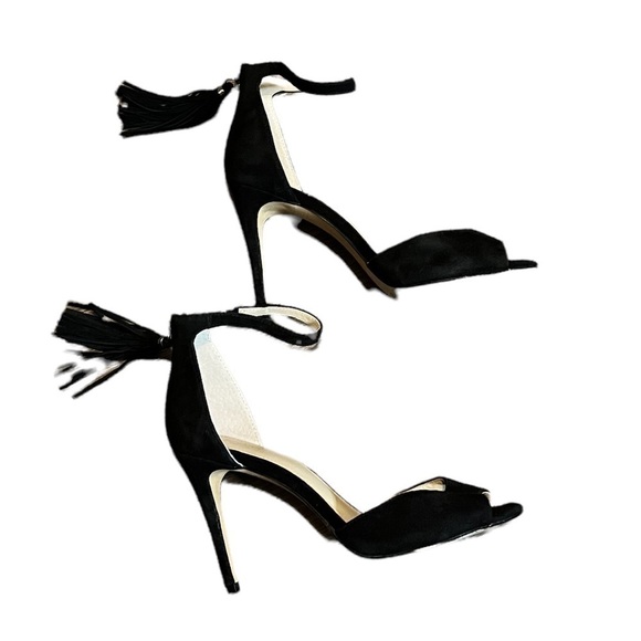 Women’s Botkier Peep Toe Heels Size 8 Black Suede Zip Back Tassels - Picture 3 of 5